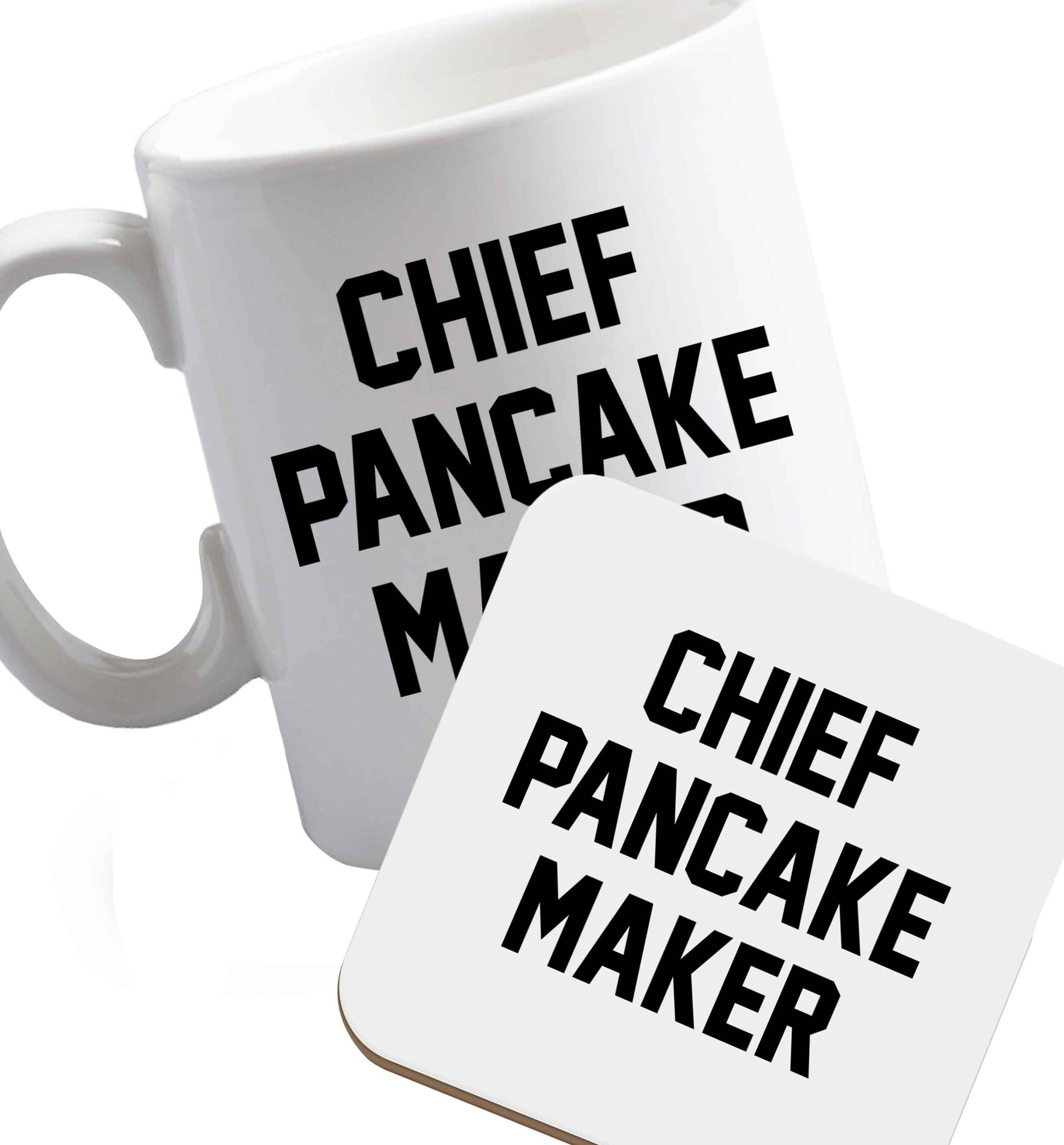 10 oz Favourite Type Pan Pancake ceramic mug and coaster set right handed