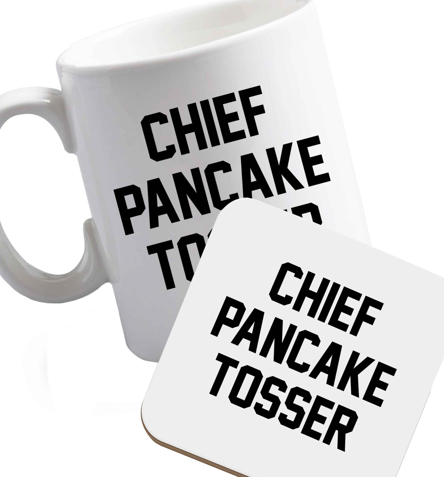 10 oz Favourite Type Pan Pancake ceramic mug and coaster set right handed
