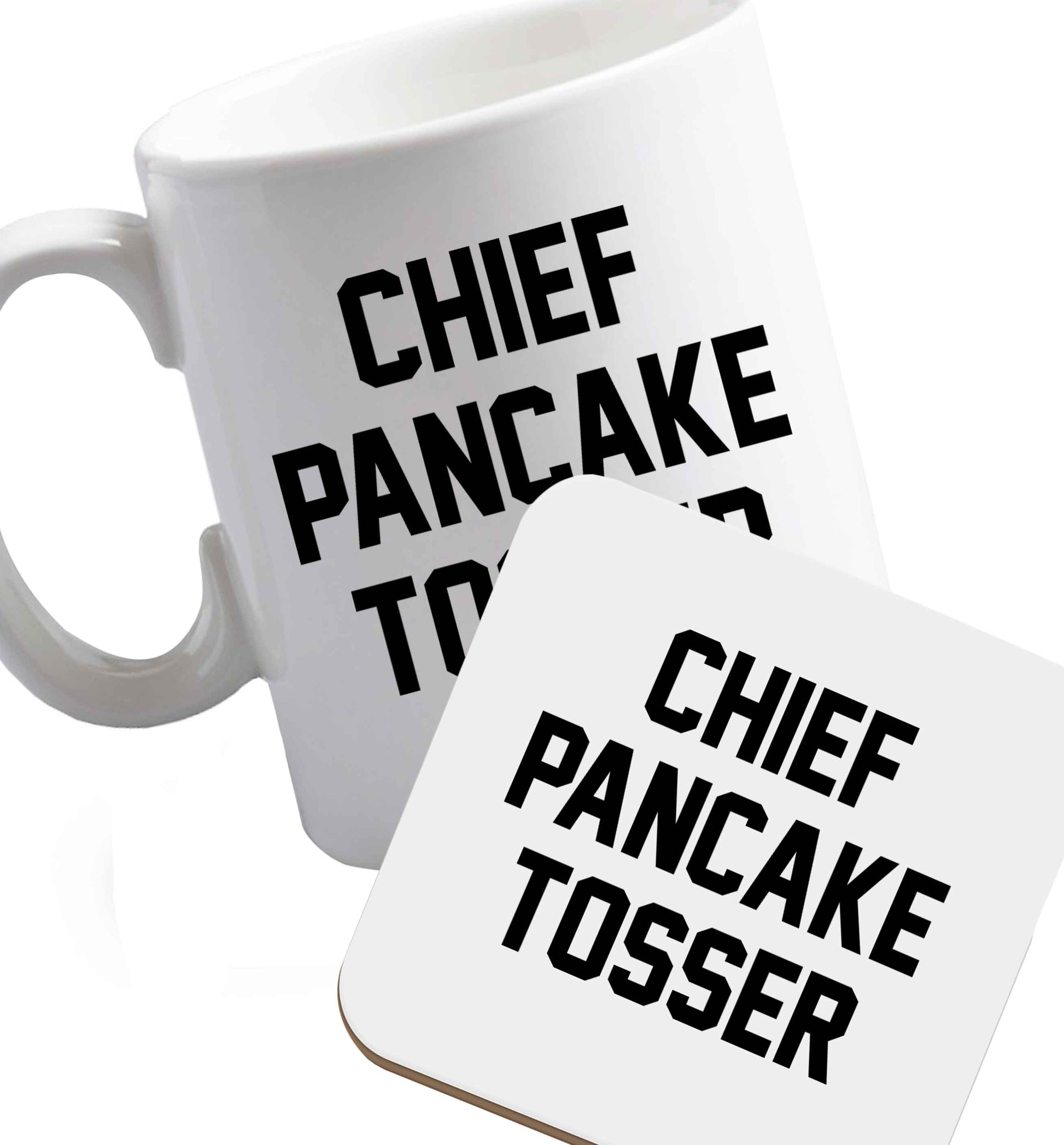 10 oz Favourite Type Pan Pancake ceramic mug and coaster set right handed