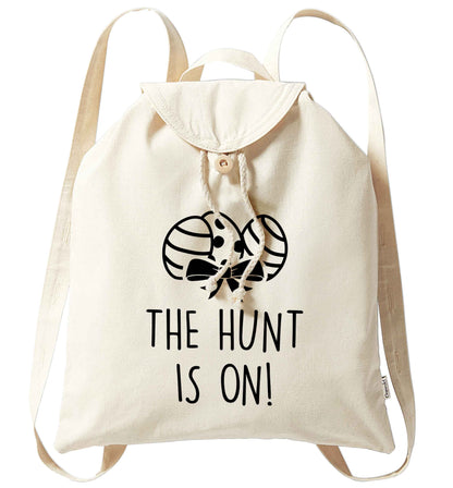 The hunt is on organic cotton backpack tote with wooden buttons in natural