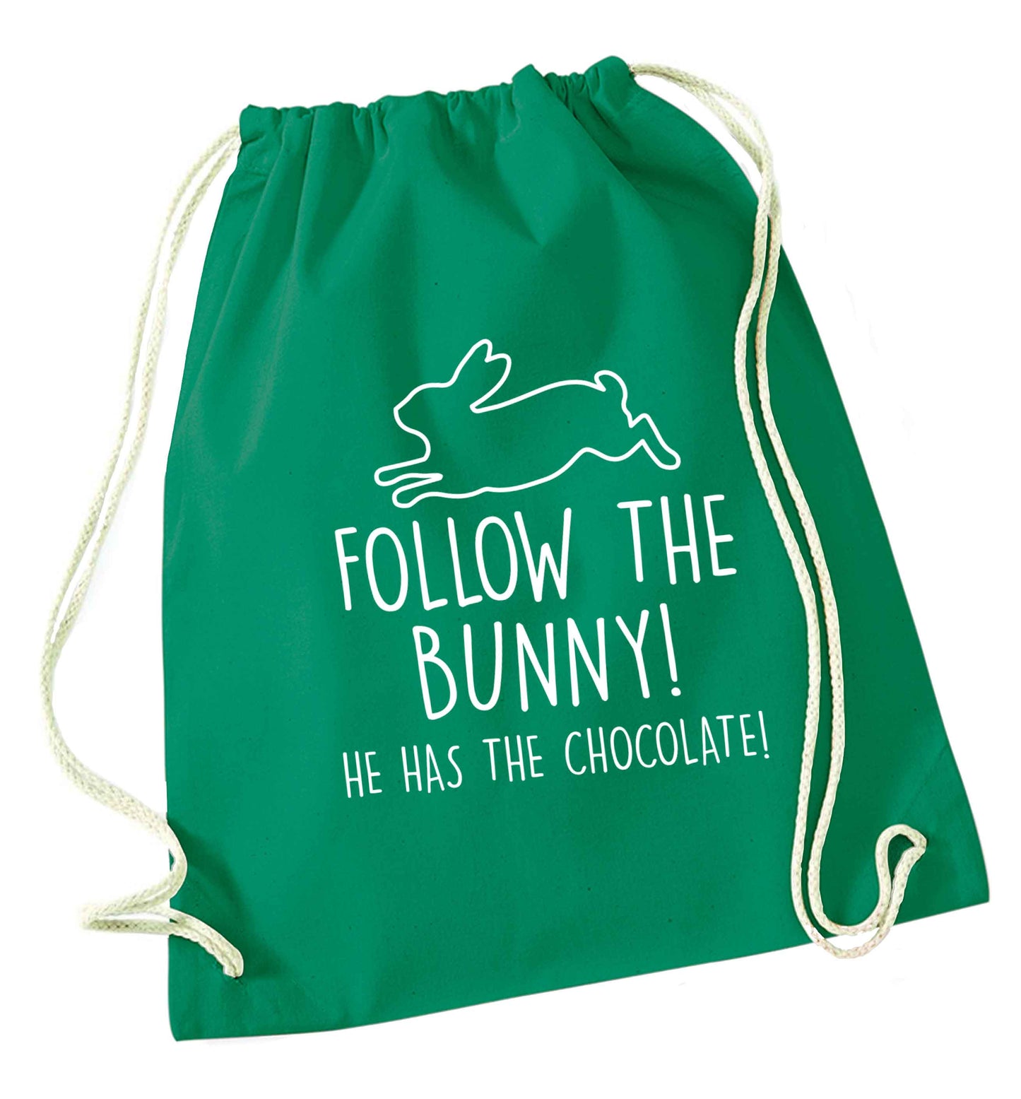 Follow the bunny! He has the chocolate green drawstring bag