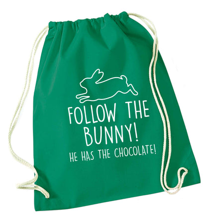 Follow the bunny! He has the chocolate green drawstring bag