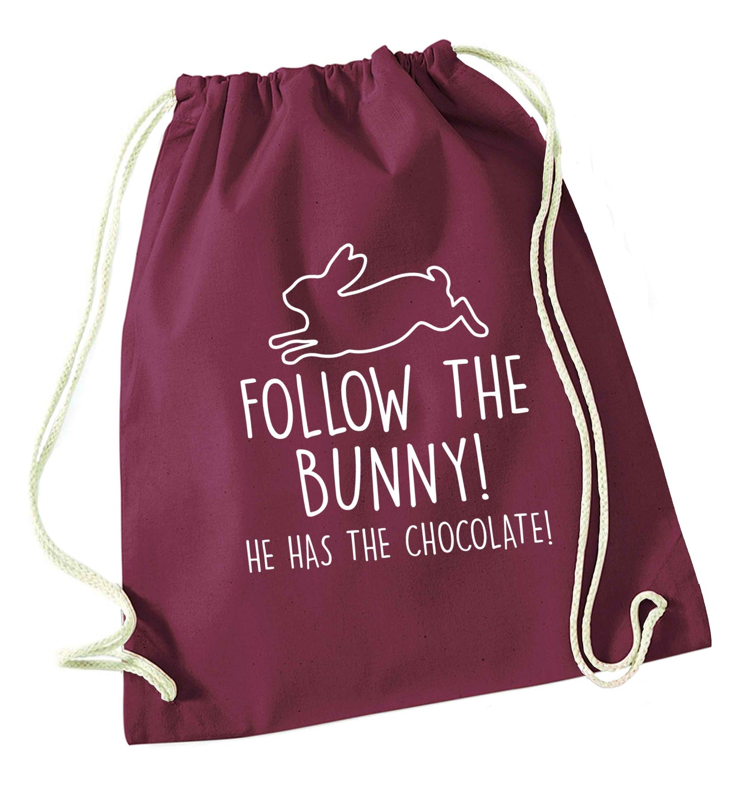 Follow the bunny! He has the chocolate maroon drawstring bag