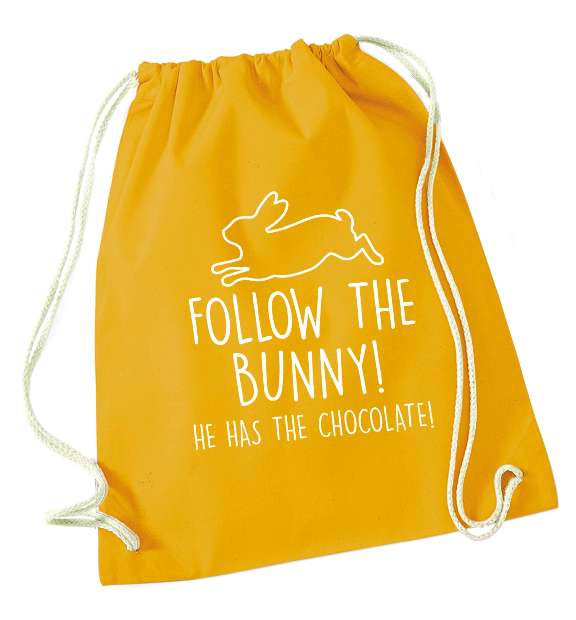Follow the bunny! He has the chocolate mustard drawstring bag