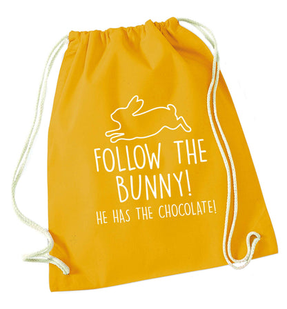 Follow the bunny! He has the chocolate mustard drawstring bag