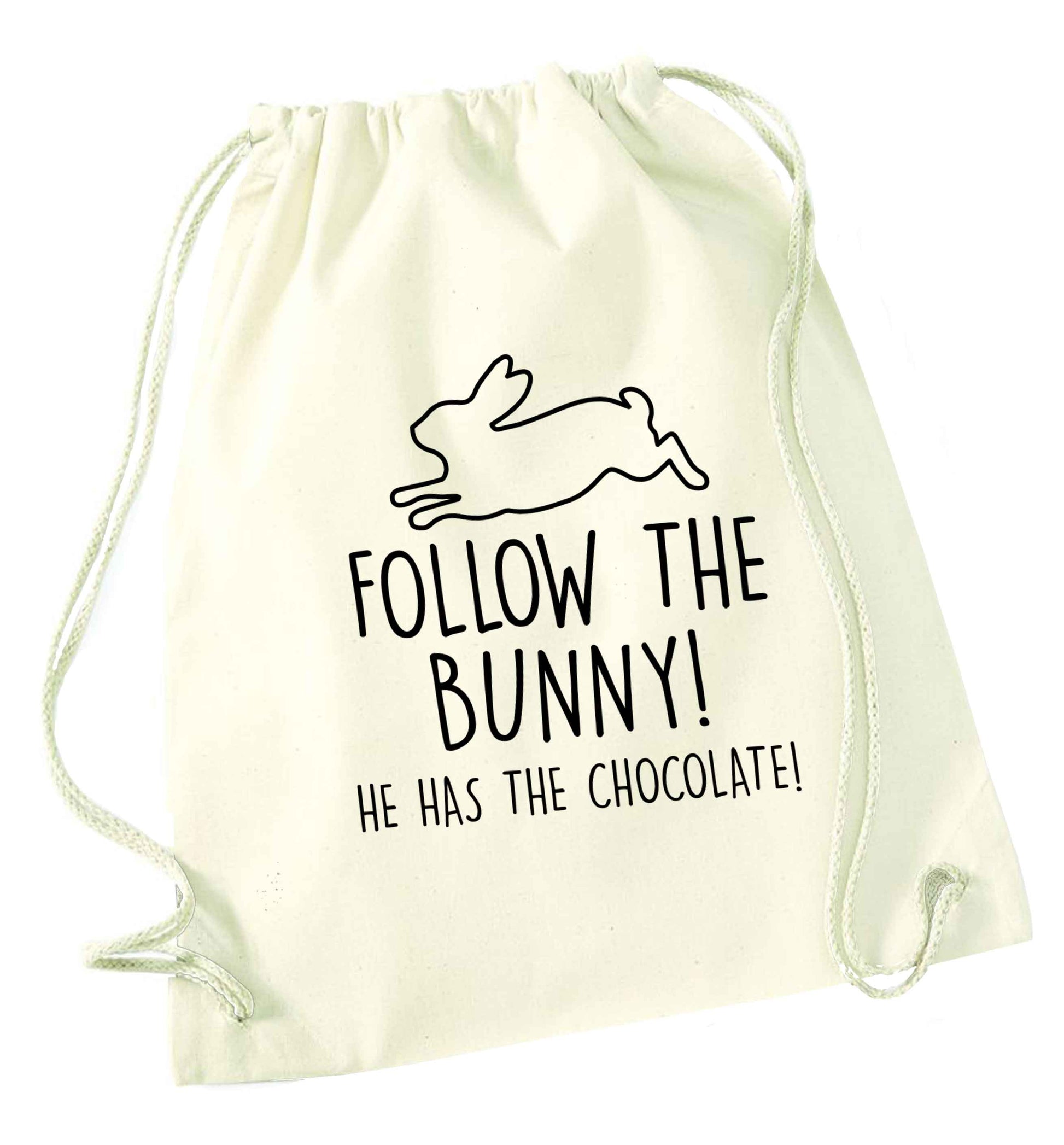 Follow the bunny! He has the chocolate natural drawstring bag