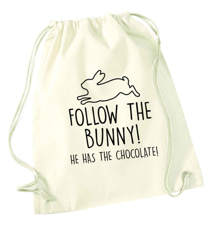 Follow the bunny! He has the chocolate natural drawstring bag