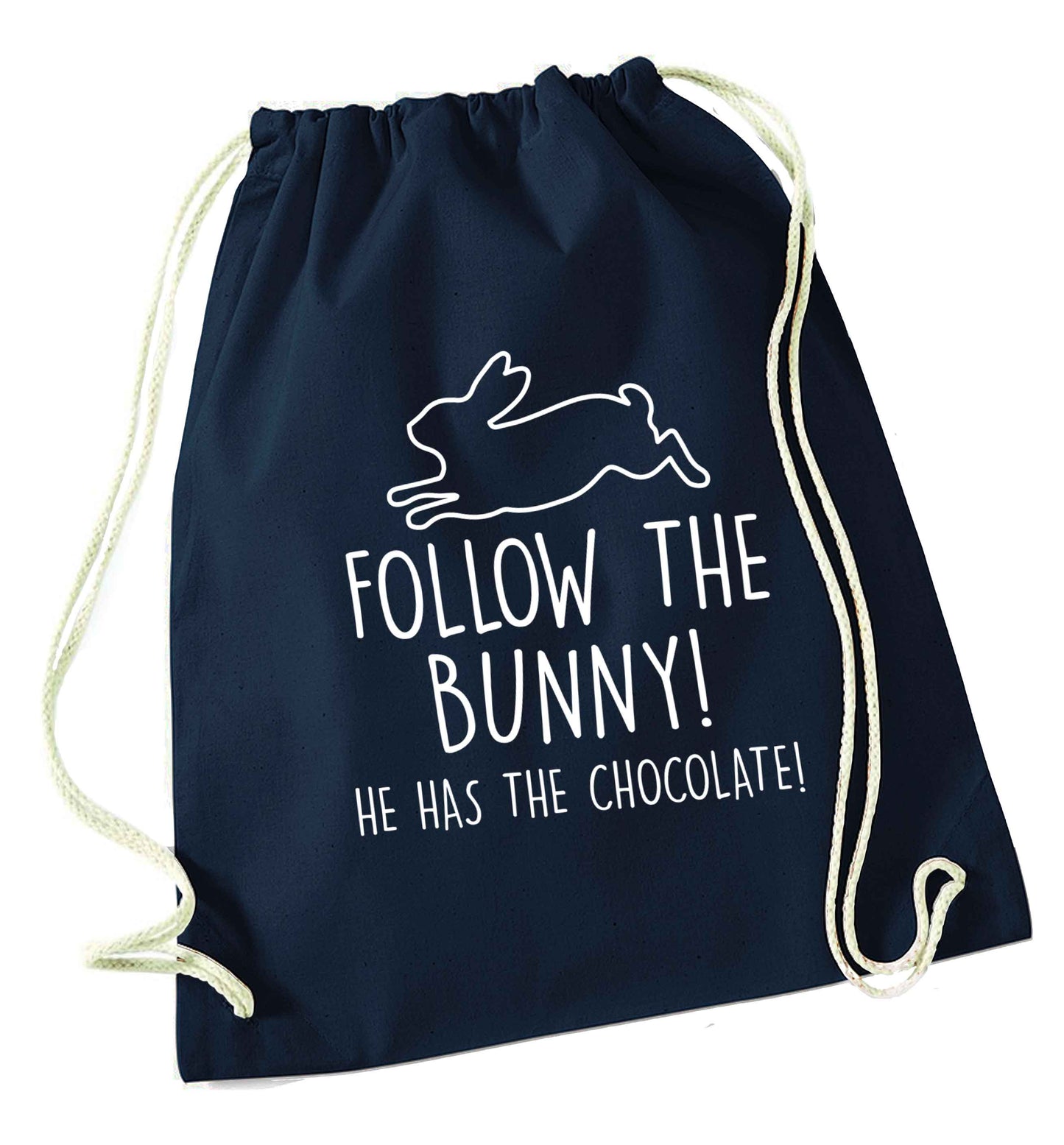 Follow the bunny! He has the chocolate navy drawstring bag