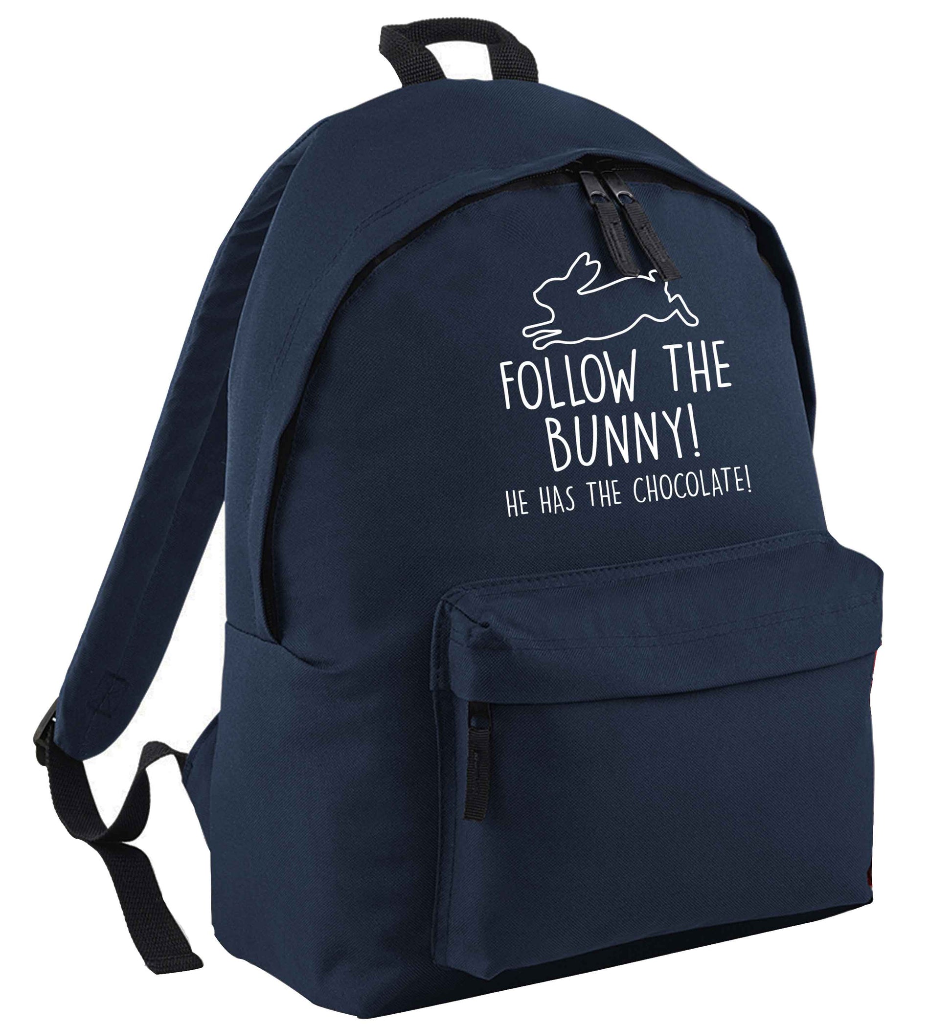 Follow the bunny! He has the chocolate navy adults backpack