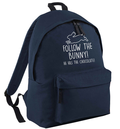 Follow the bunny! He has the chocolate navy adults backpack