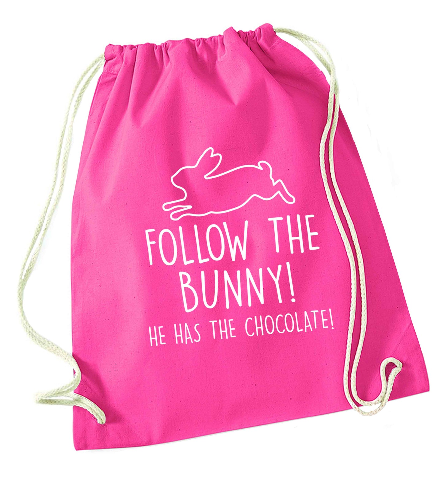 Follow the bunny! He has the chocolate pink drawstring bag