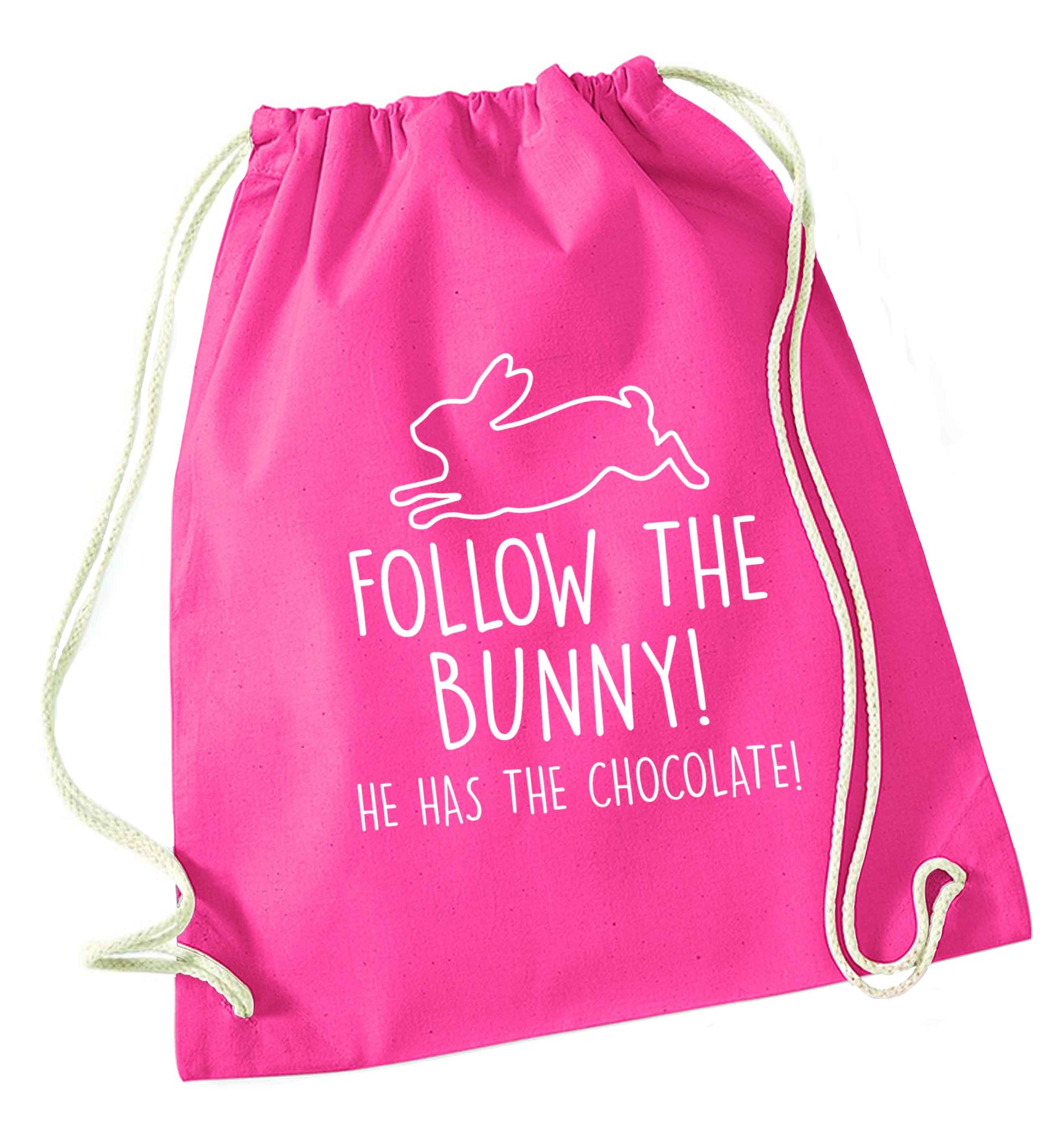 Follow the bunny! He has the chocolate pink drawstring bag