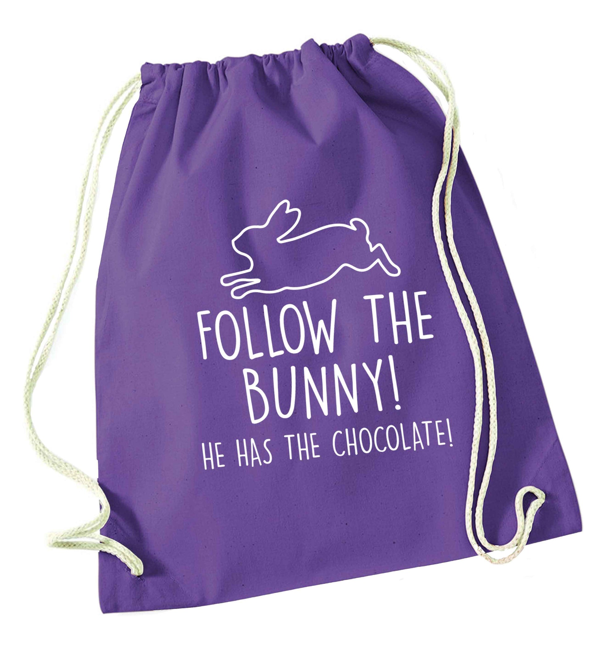 Follow the bunny! He has the chocolate purple drawstring bag
