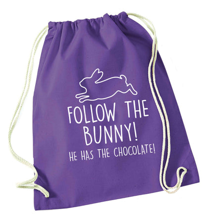 Follow the bunny! He has the chocolate purple drawstring bag