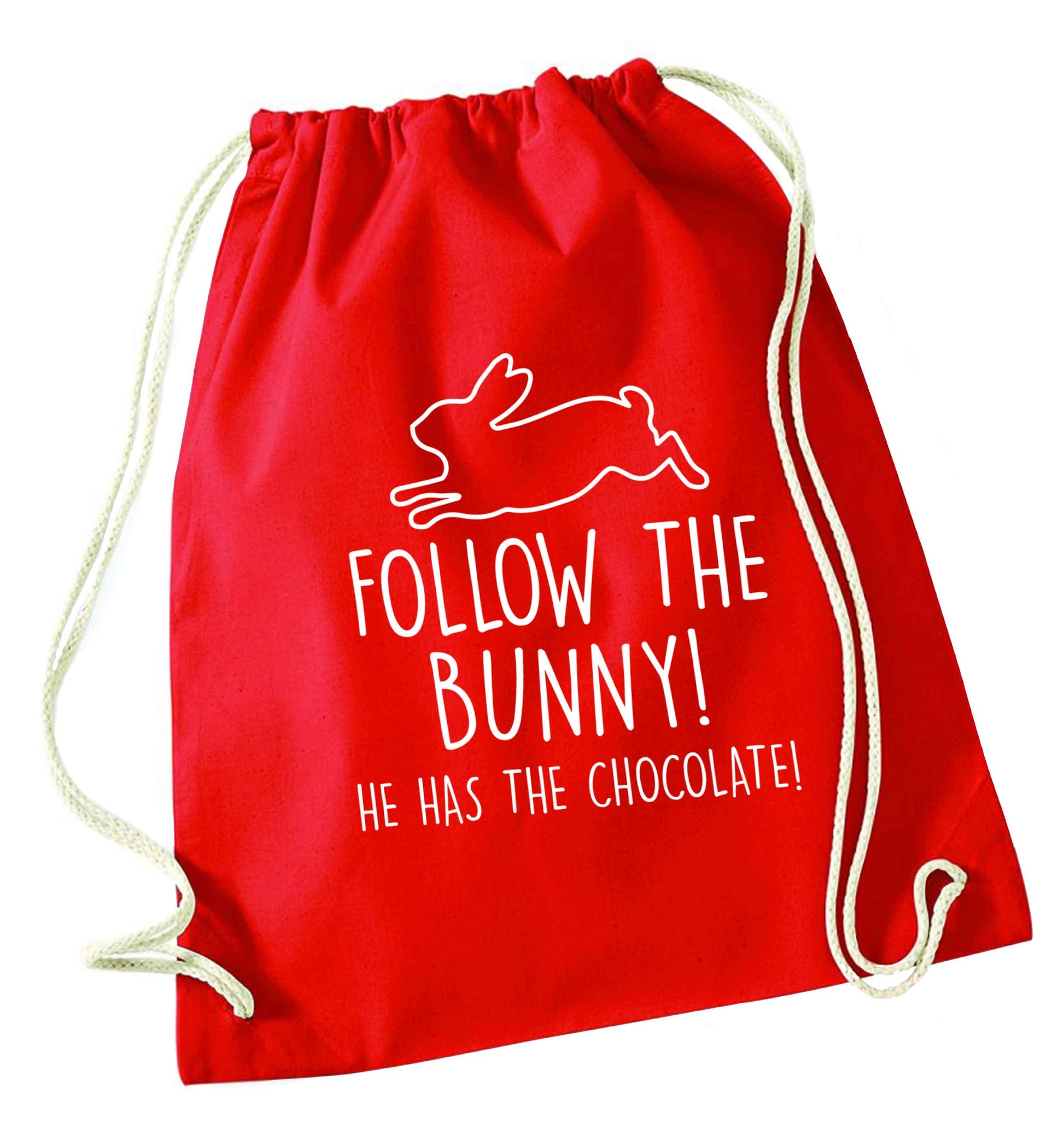 Follow the bunny! He has the chocolate red drawstring bag 