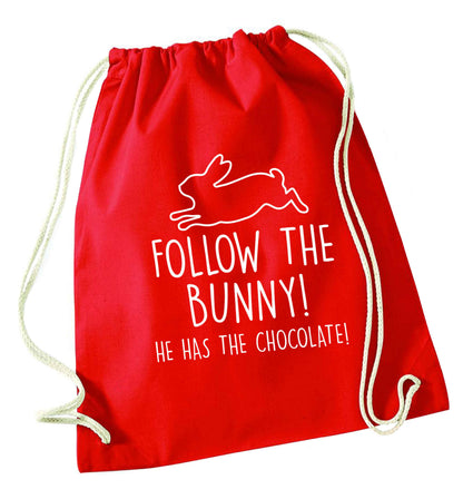 Follow the bunny! He has the chocolate red drawstring bag 