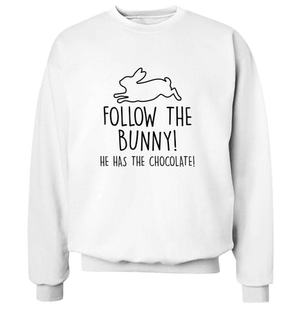 Follow the bunny! He has the chocolate adult's unisex white sweater 2XL