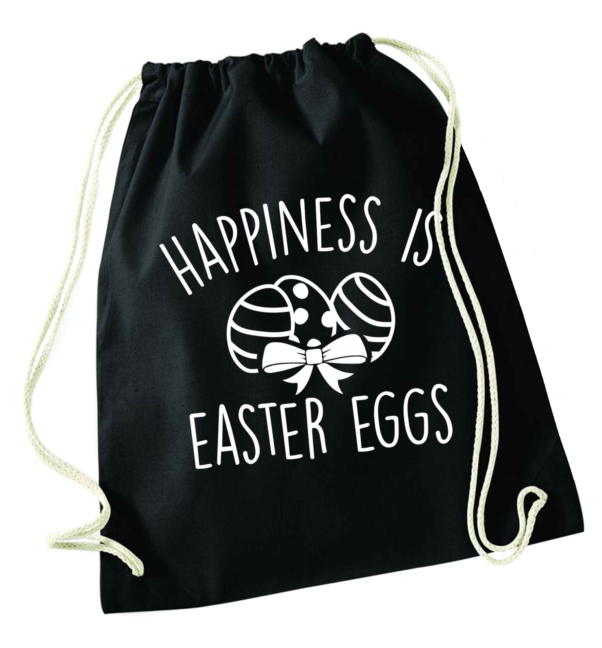 Happiness is Easter eggs black drawstring bag