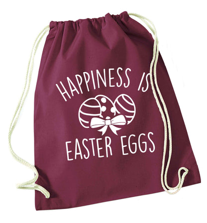 Happiness is Easter eggs maroon drawstring bag