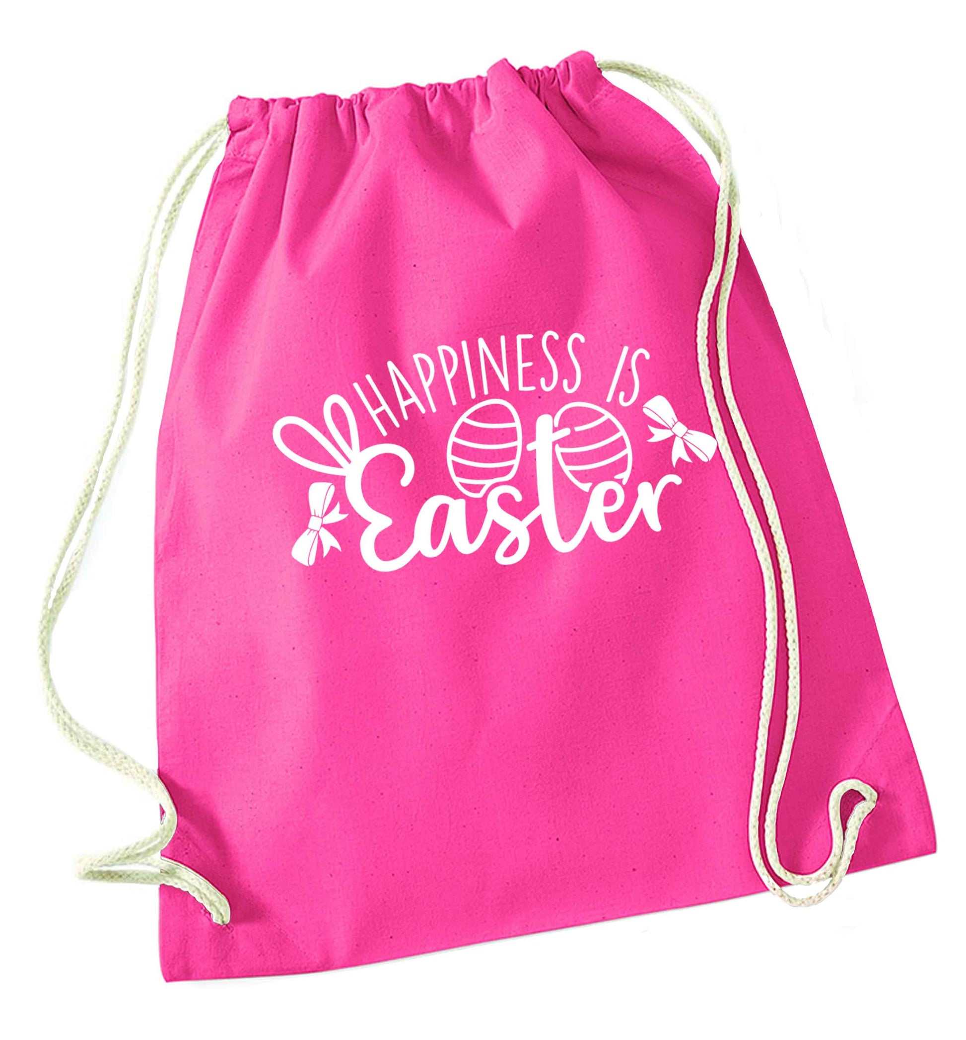 Happiness is easter pink drawstring bag