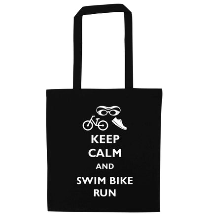 Keep calm and swim bike run black tote bag