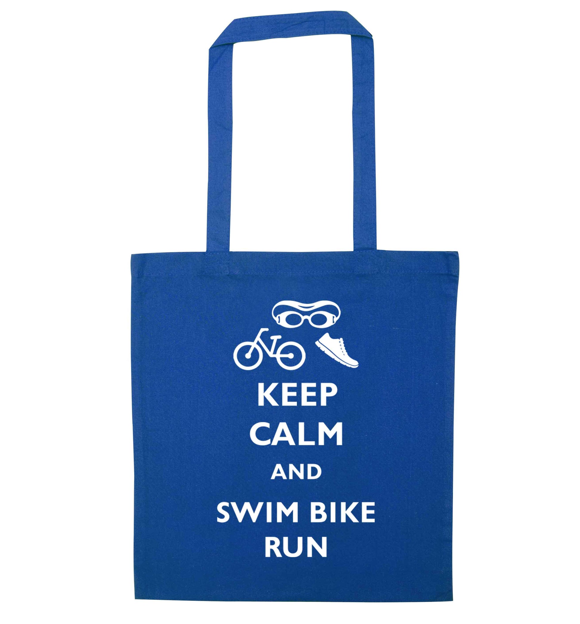 Keep calm and swim bike run blue tote bag