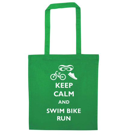 Keep calm and swim bike run green tote bag