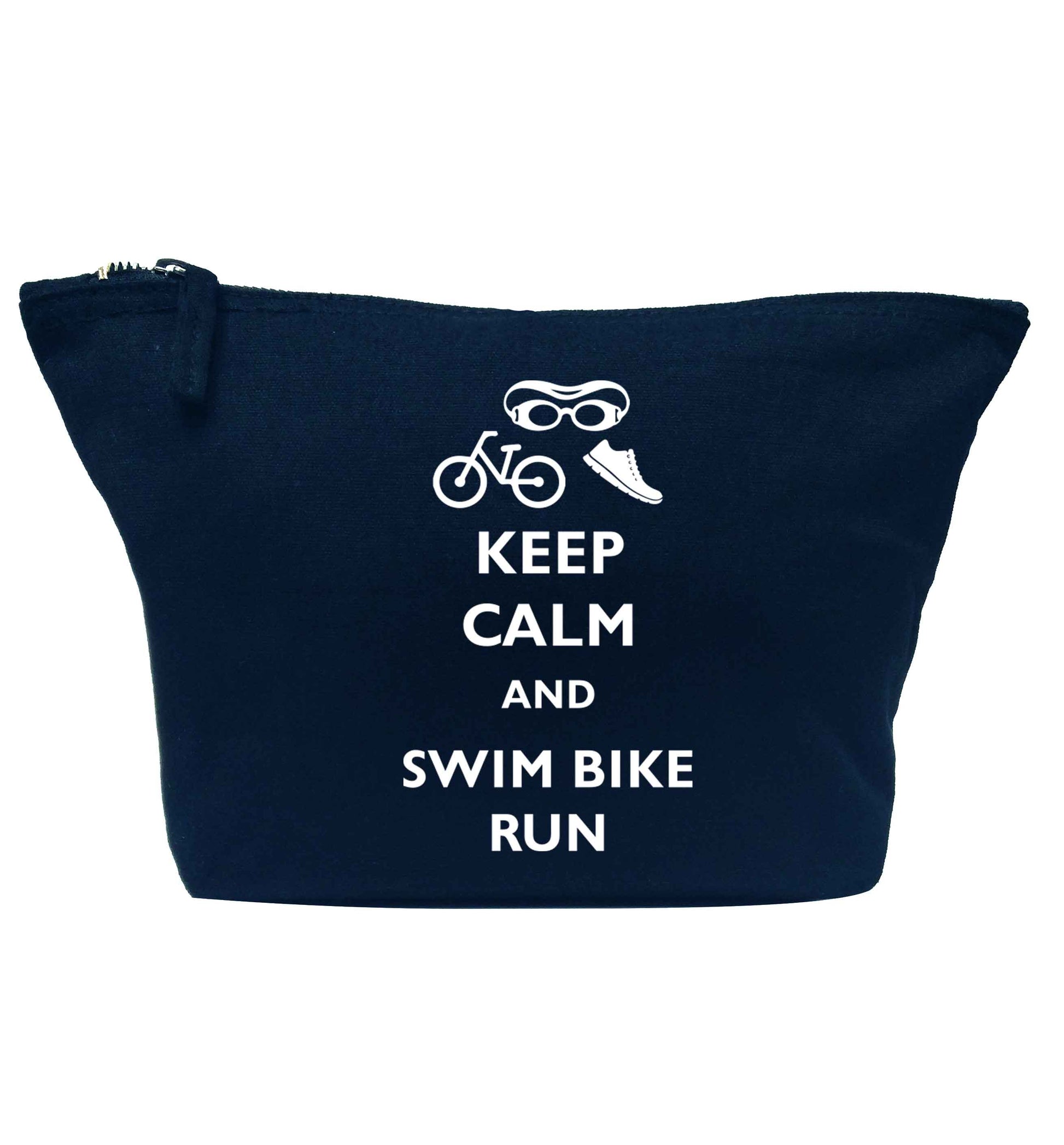 Keep calm and swim bike run navy makeup bag