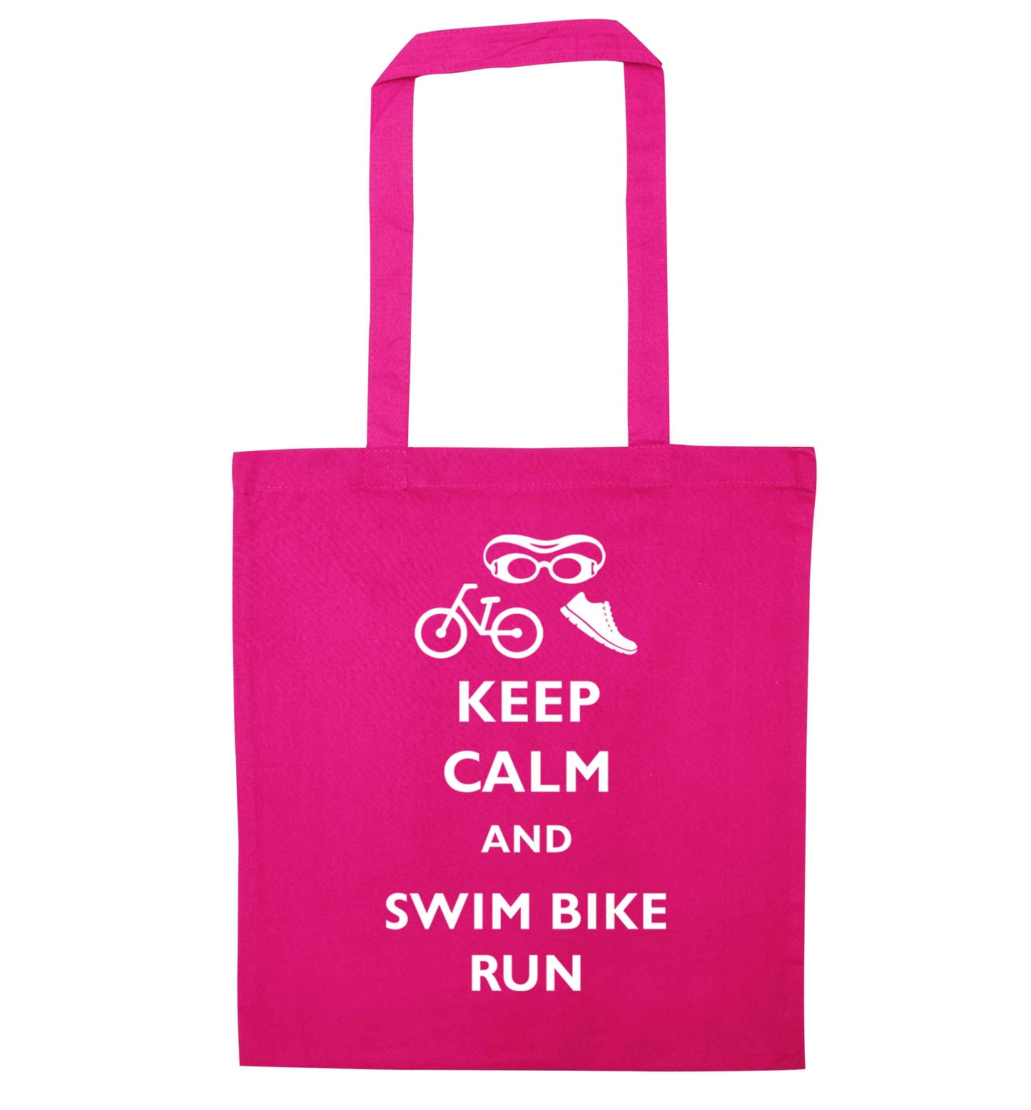 Keep calm and swim bike run pink tote bag