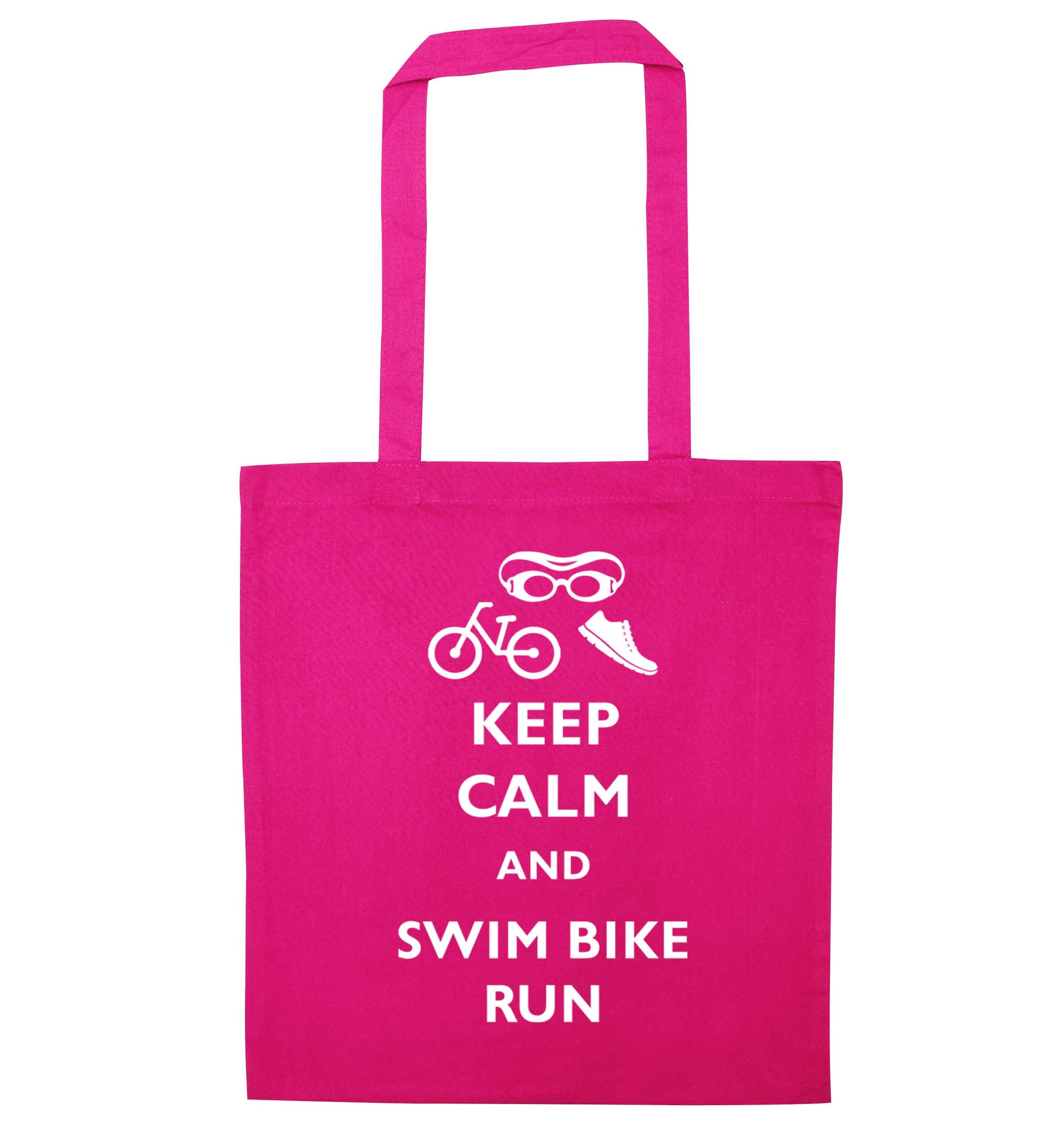Keep calm and swim bike run pink tote bag