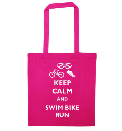 Keep calm and swim bike run pink tote bag
