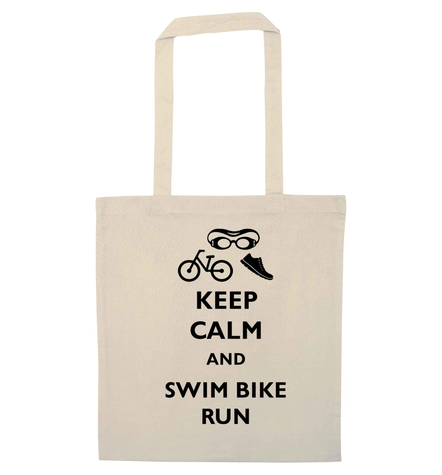 Keep calm and swim bike run natural tote bag