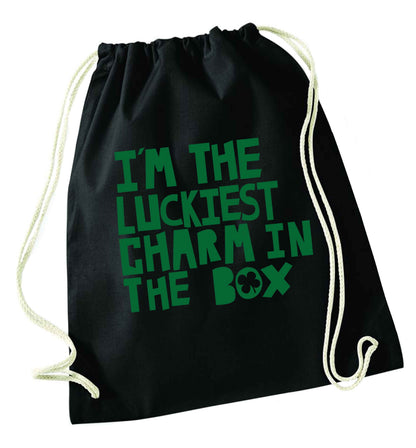 I'm the luckiest charm in the box black drawstring bag