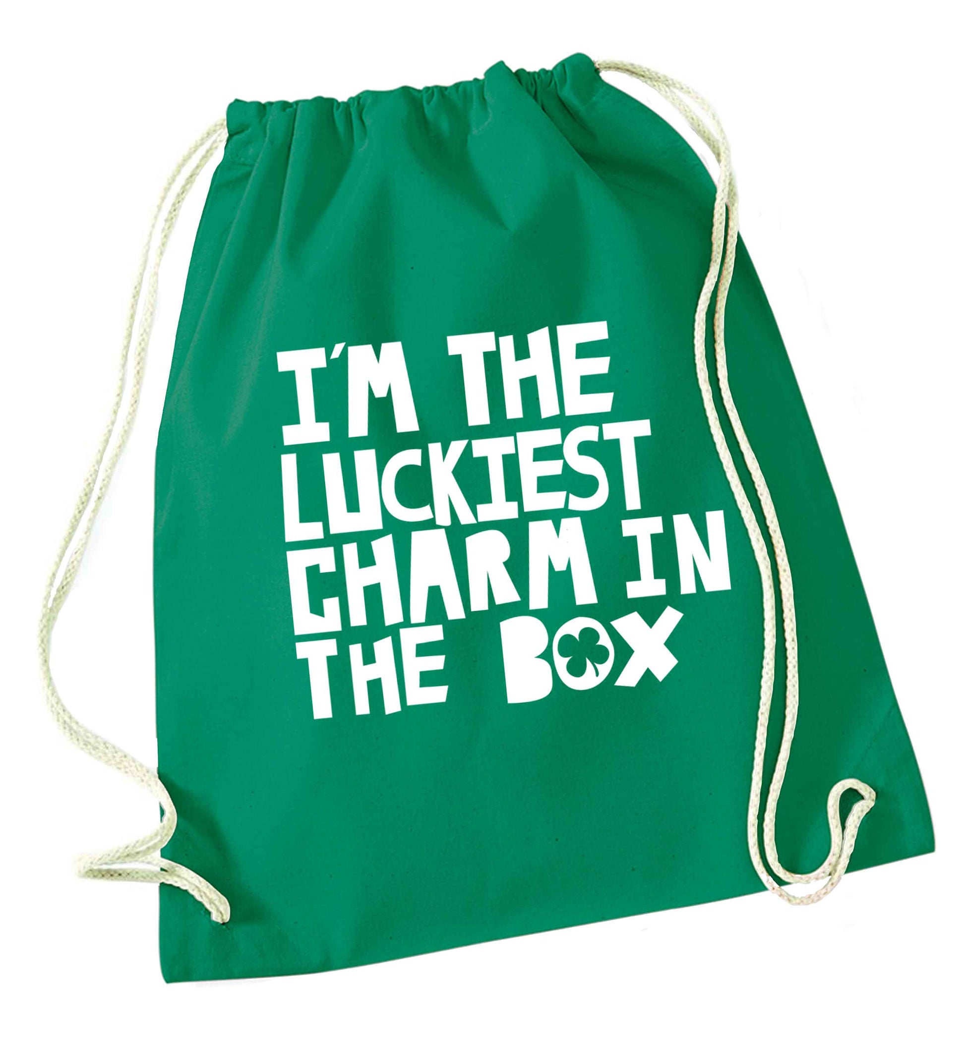 I'm the luckiest charm in the box green drawstring bag