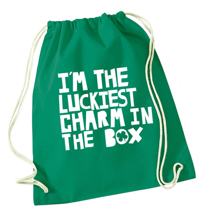 I'm the luckiest charm in the box green drawstring bag