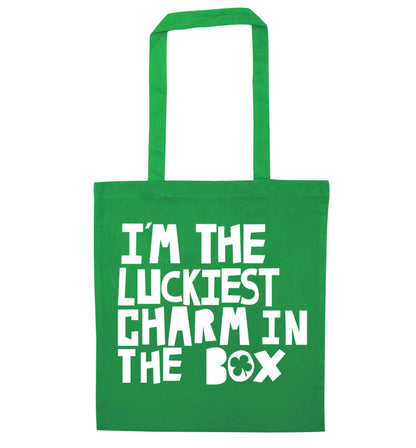 I'm the luckiest charm in the box green tote bag