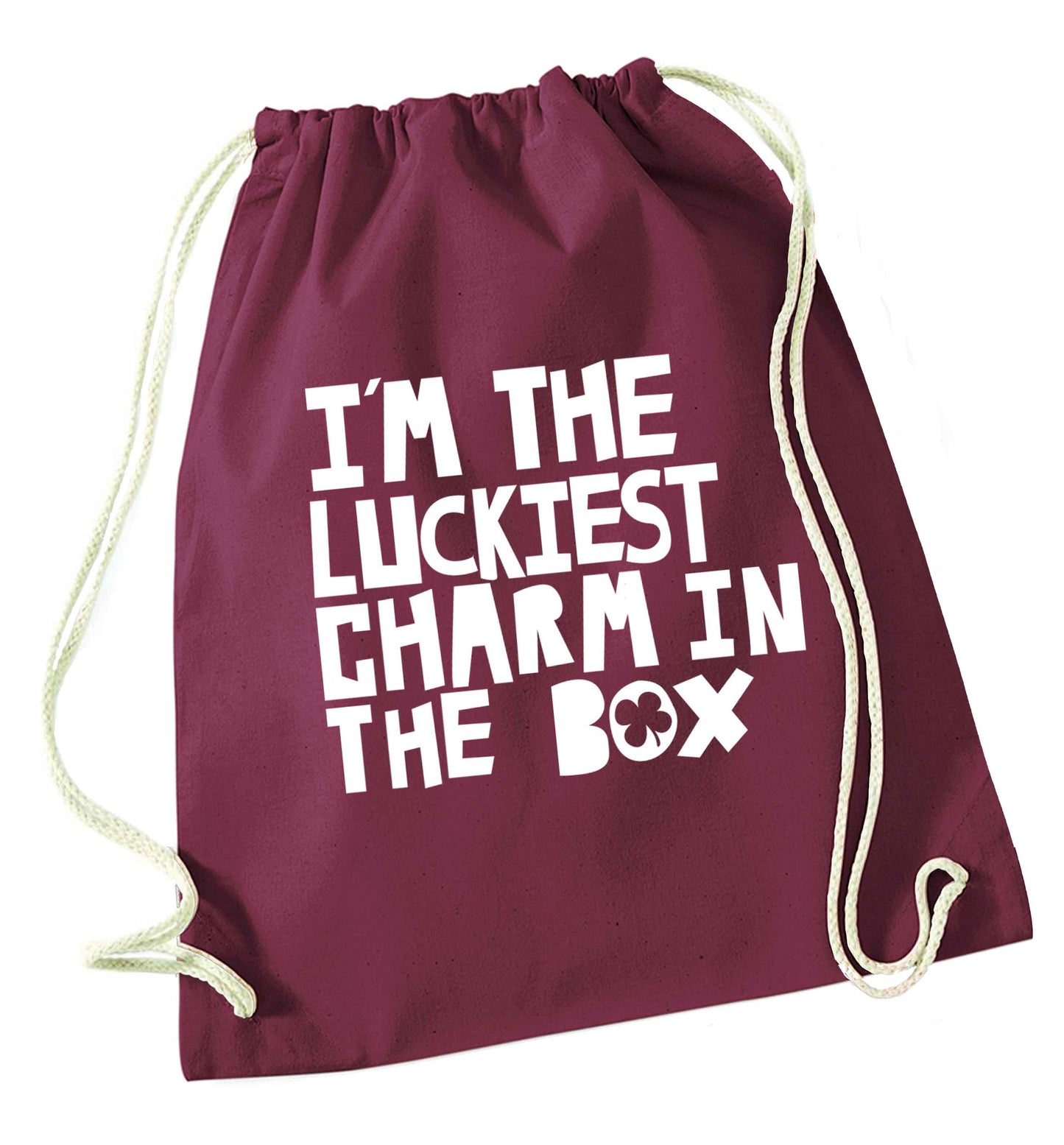 I'm the luckiest charm in the box maroon drawstring bag