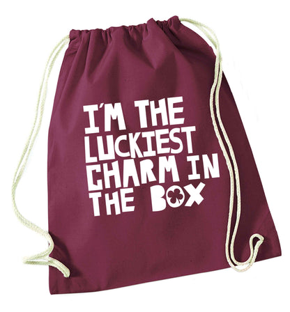 I'm the luckiest charm in the box maroon drawstring bag