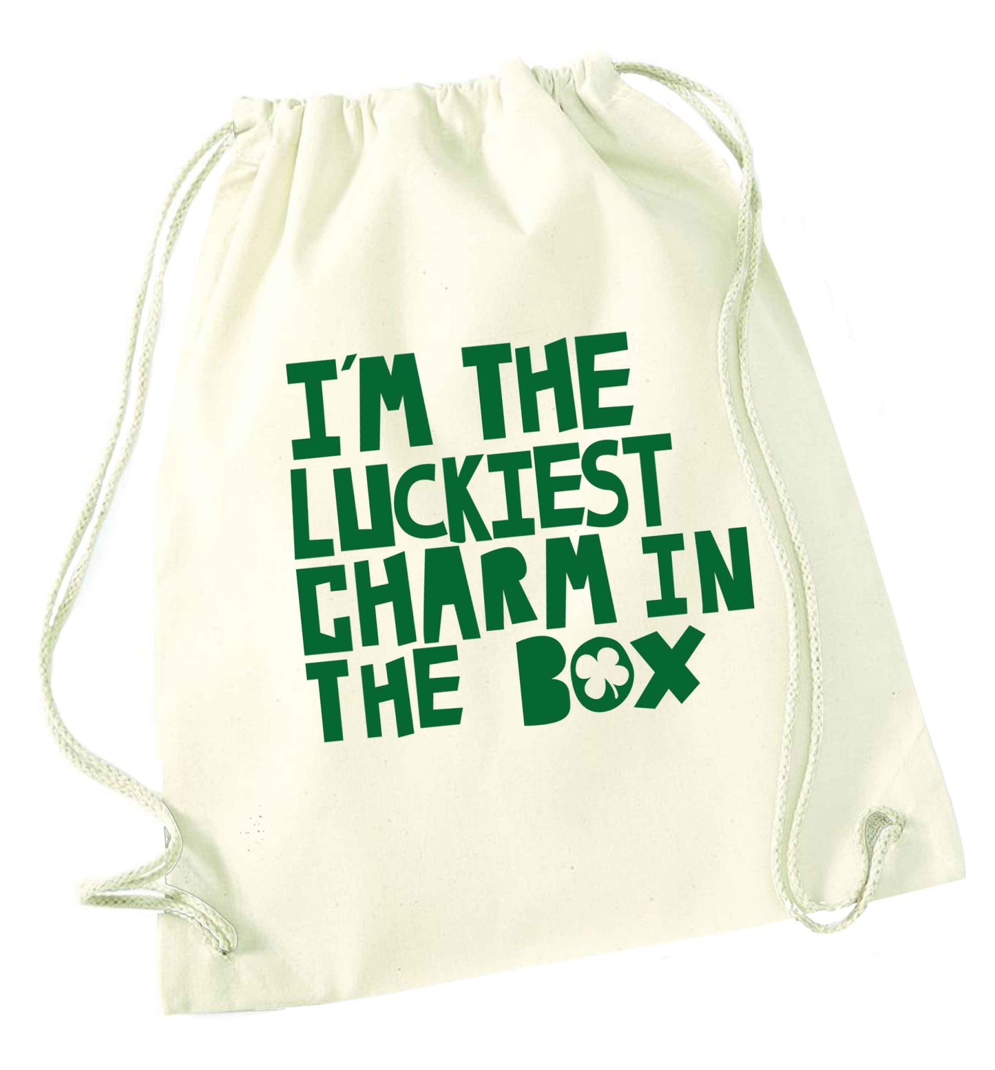 I'm the luckiest charm in the box natural drawstring bag