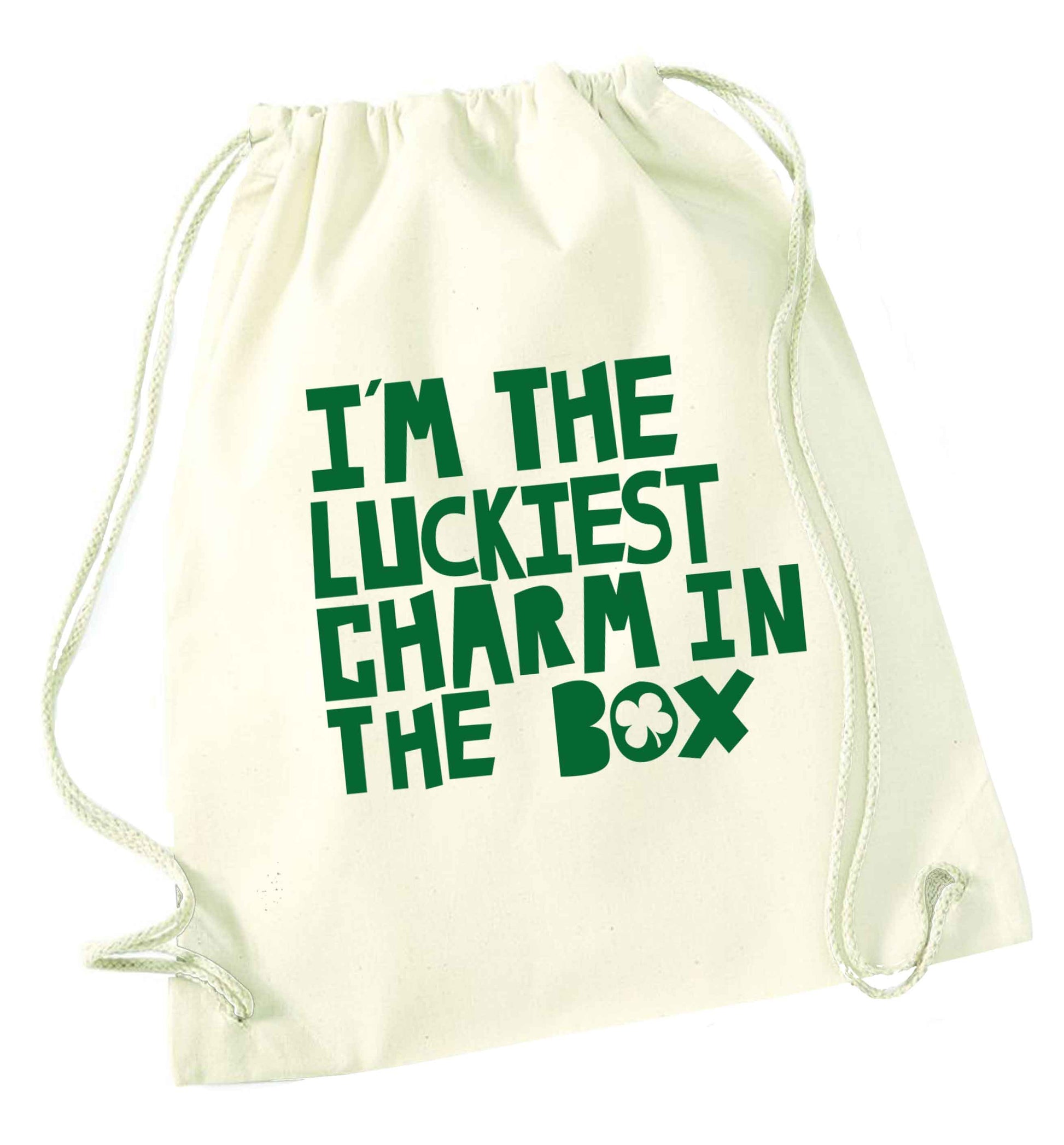 I'm the luckiest charm in the box natural drawstring bag