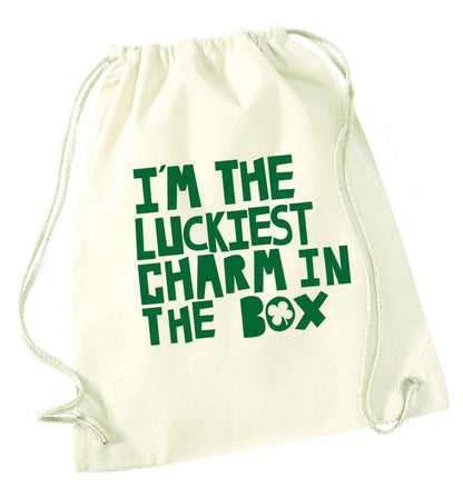 I'm the luckiest charm in the box natural drawstring bag