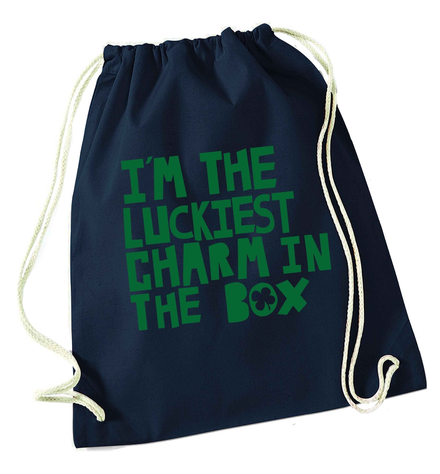 I'm the luckiest charm in the box navy drawstring bag