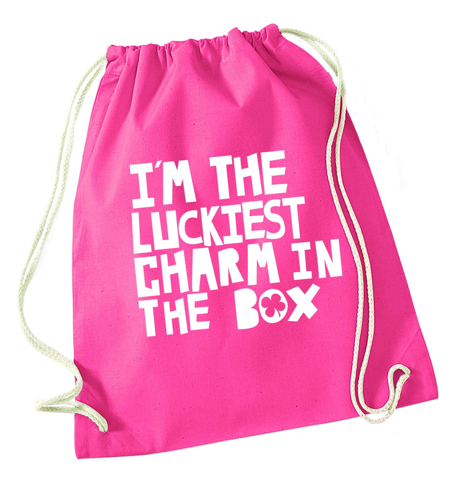 I'm the luckiest charm in the box pink drawstring bag