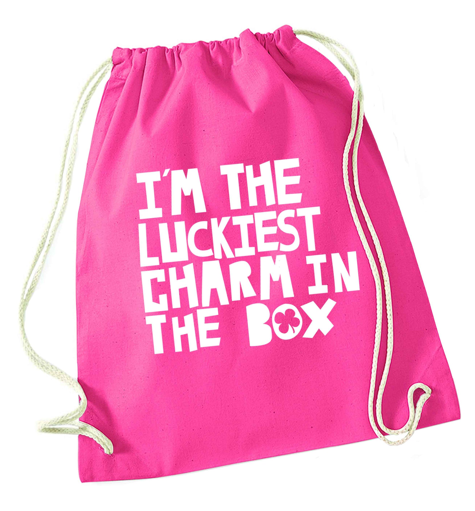 I'm the luckiest charm in the box pink drawstring bag