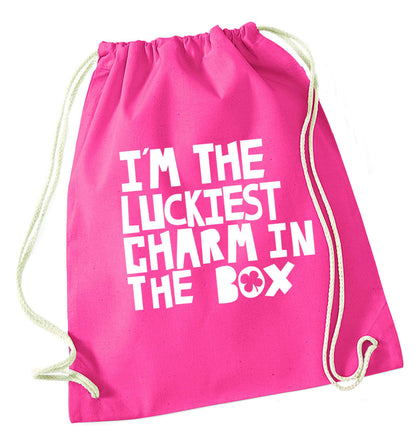 I'm the luckiest charm in the box pink drawstring bag