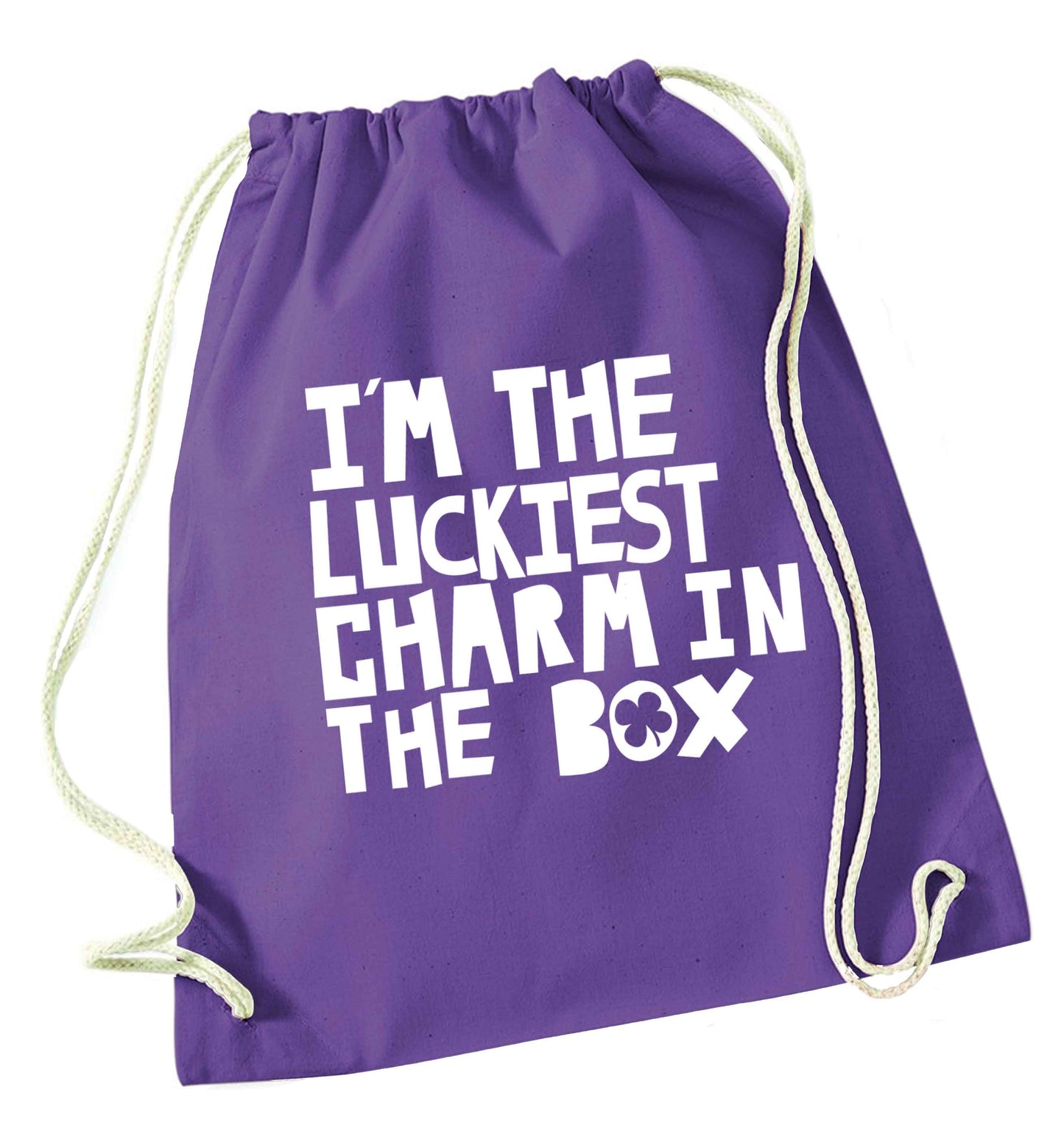 I'm the luckiest charm in the box purple drawstring bag