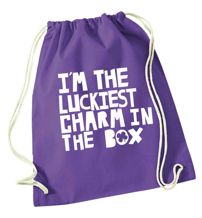I'm the luckiest charm in the box purple drawstring bag