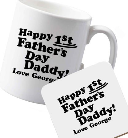 10 oz Ceramic mug and coaster Happy first Fathers Day daddy love personalised both sides