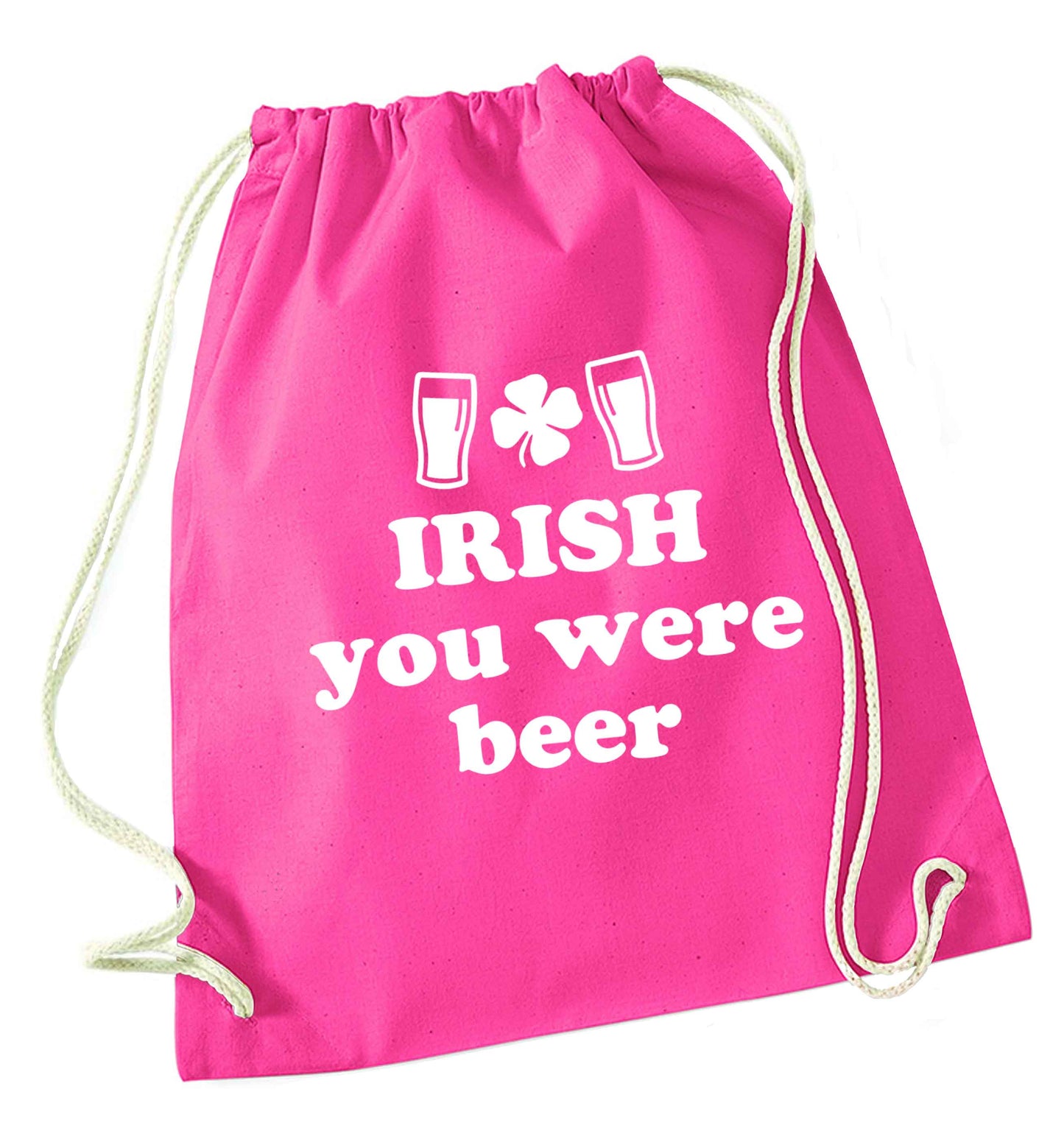 Irish you were beer pink drawstring bag