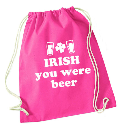 Irish you were beer pink drawstring bag